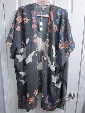 JC Sunny Cotton Kimono Coverup Japanese Crane Print OS